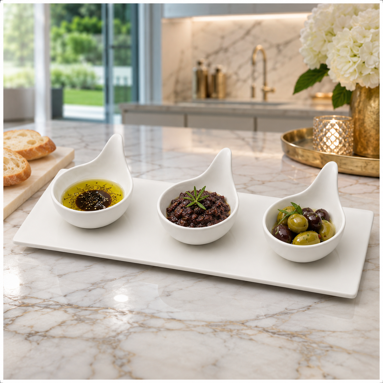 Luxury 3-Piece High Quality Fine Porcelain Serving Bowl and Tray Set- White