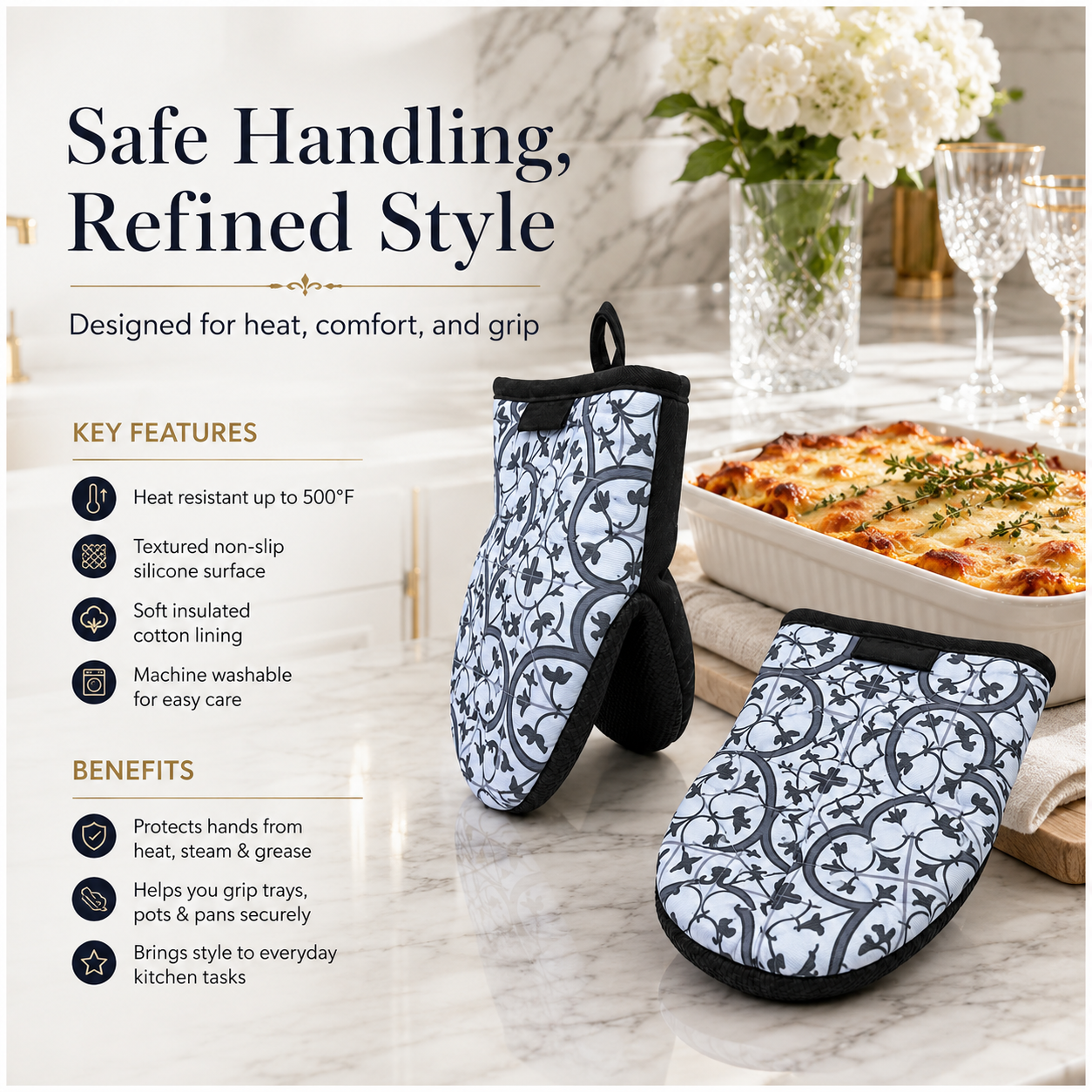 Non Slip 2-Piece Heat-Resistant Silicone Oven Mitt Set with Cotton Lining