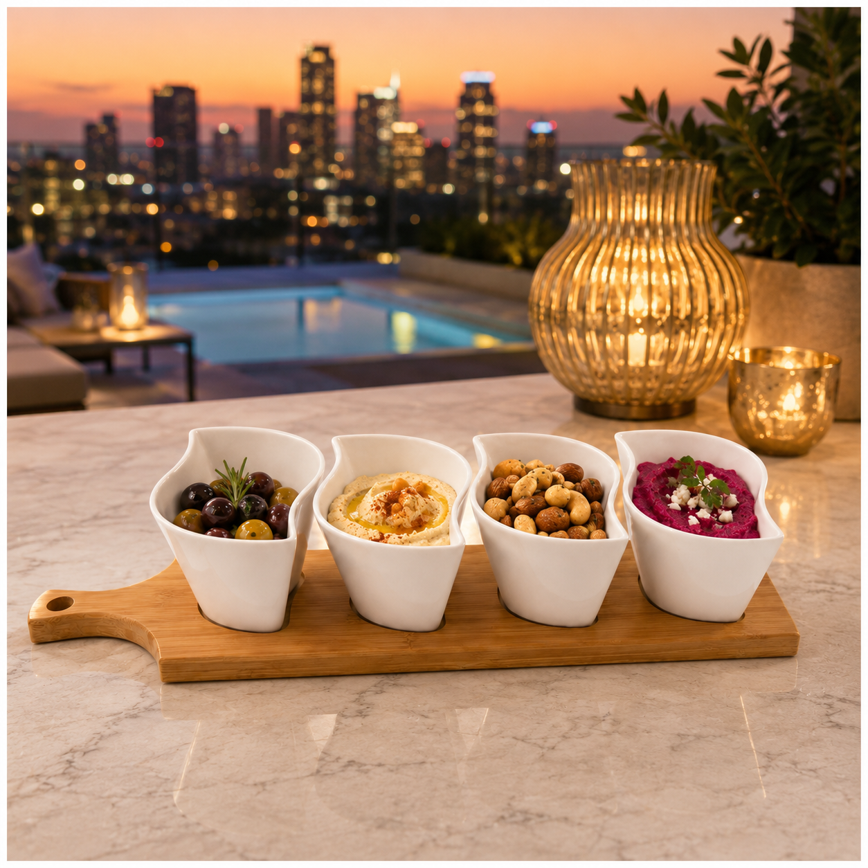 Elegant Ceramic Dipping Bowl Set with Bamboo Serving Paddle Board –