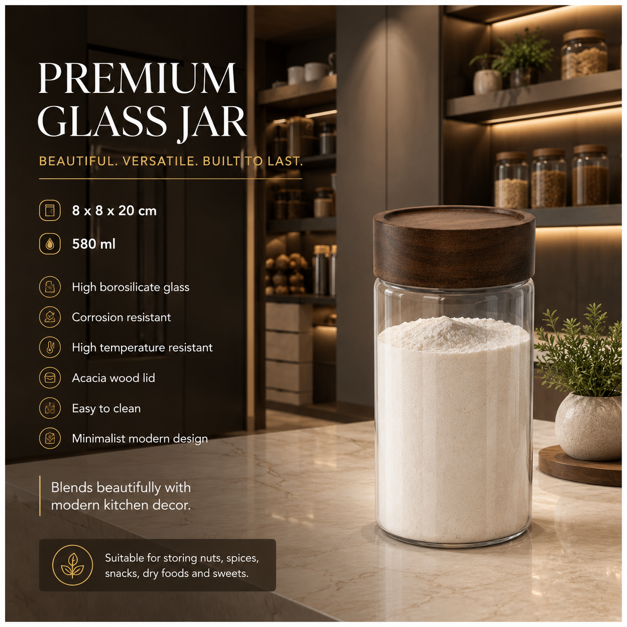 Set of 2 Borosilicate Sealed Glass Jars with Acacia Wood Lids – 580ml Each