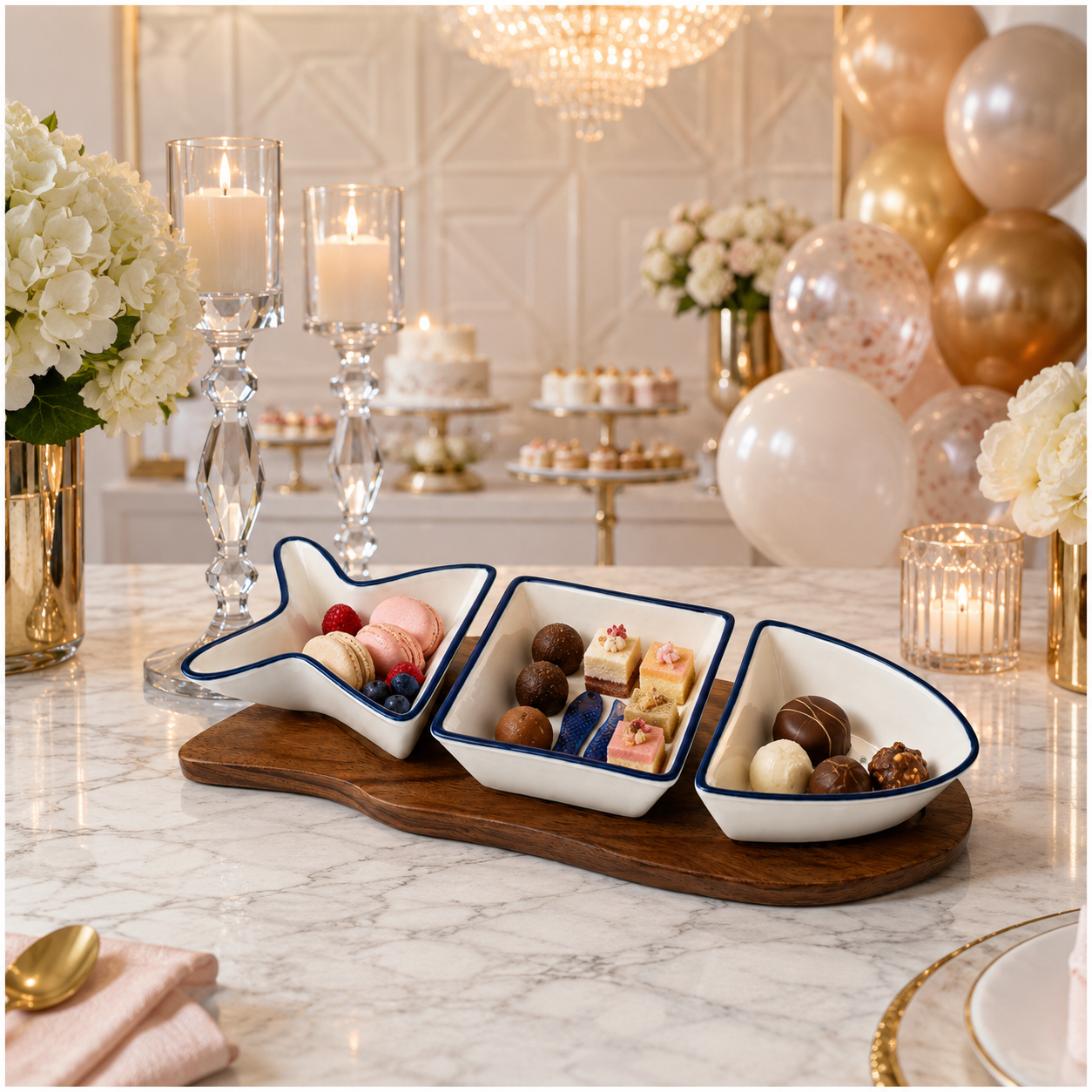 Beautiful Ceramic Fish-Shaped 4-Piece Snack Platter Wooden Acacia Tray