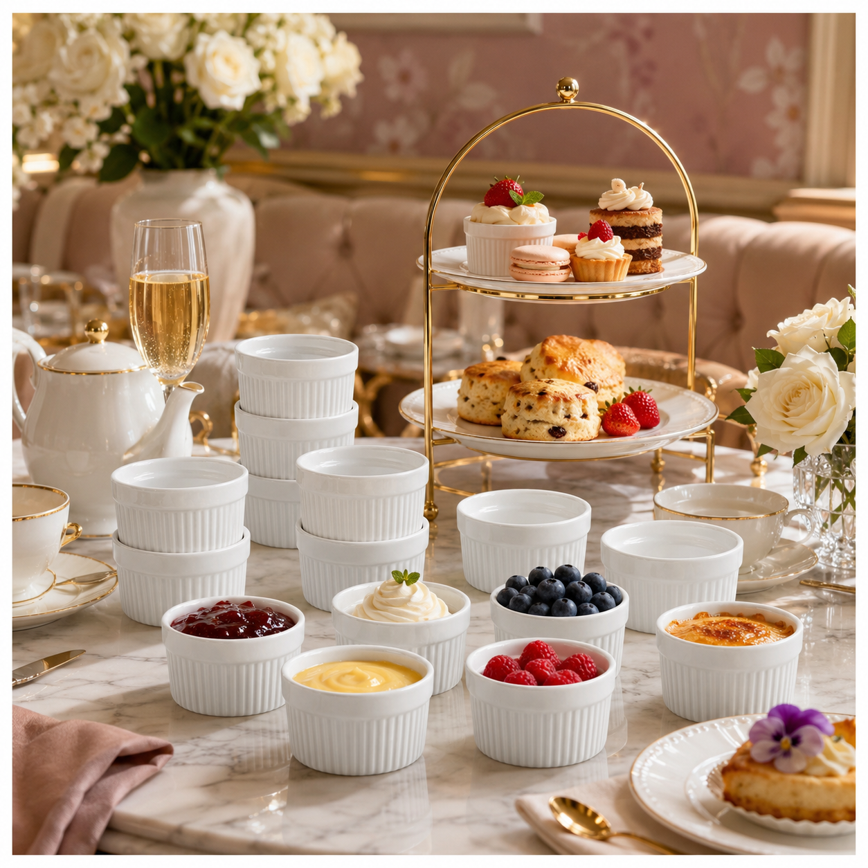 White Porcelain Ramekins Set of 12–Classic Ribbed Dessert and Baking Bowls