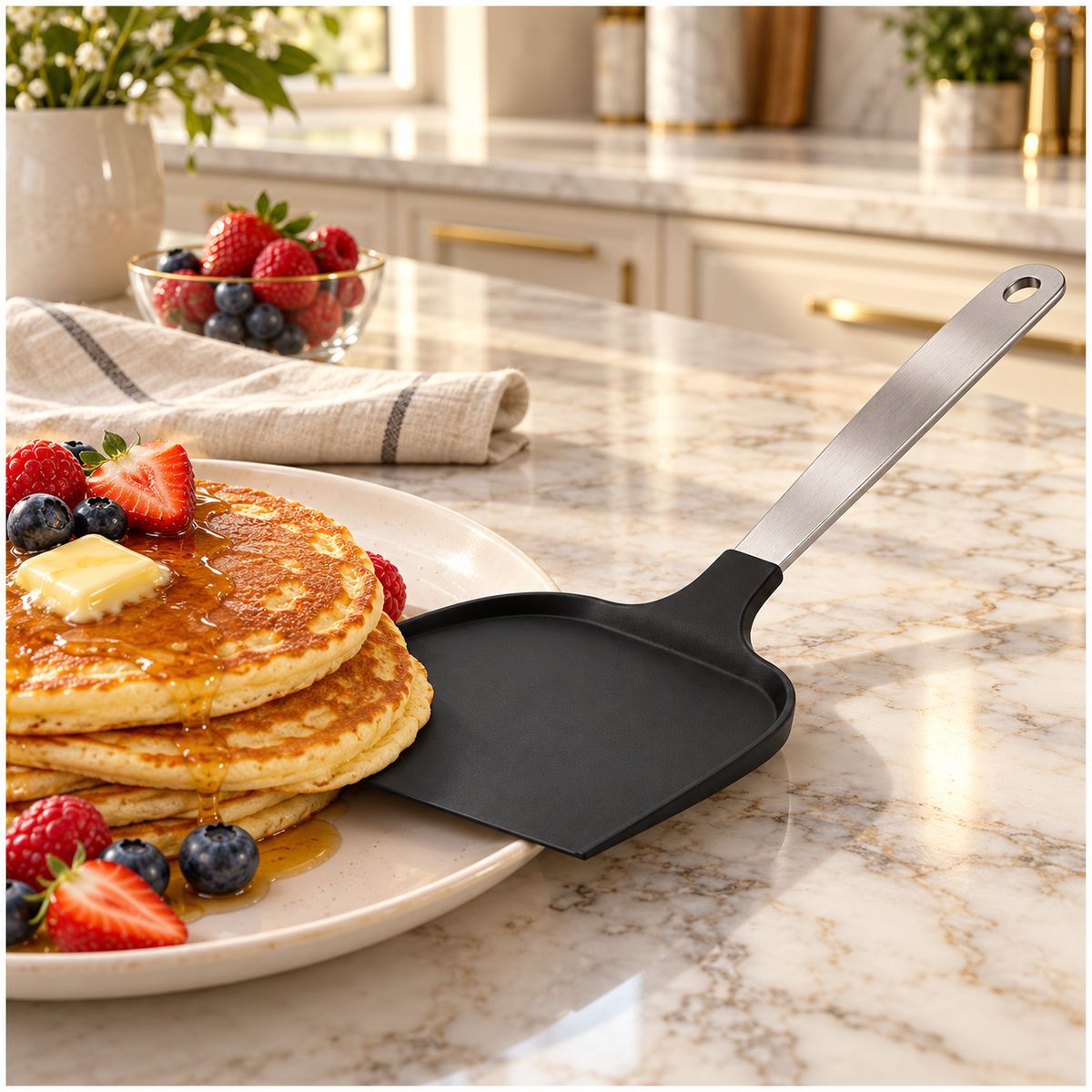 Wide Pancake Turner Spatula–Flexible Head and Stainless Steel Handle, 32 cm