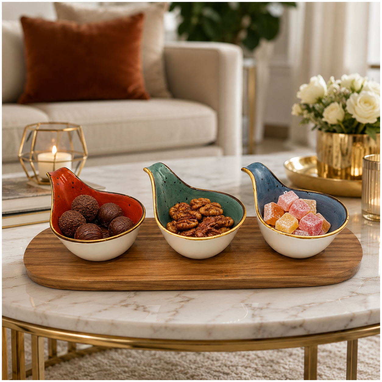 Beautiful 4-Piece Ceramic Snack Serving Bowl Set with Acacia Wood Board