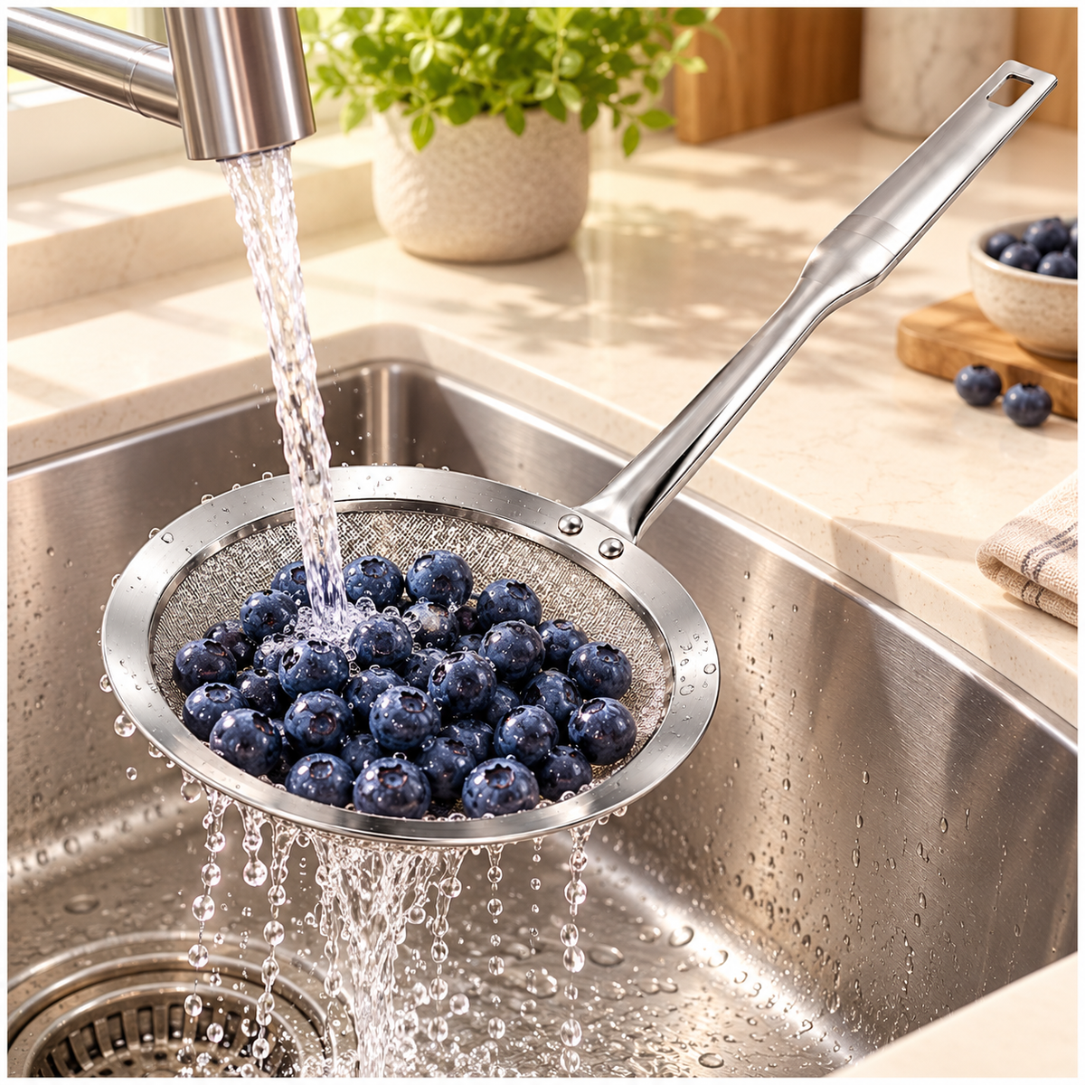 Stainless Steel Fine Mesh Strain Skimmer with Long Flat Handle – Silver