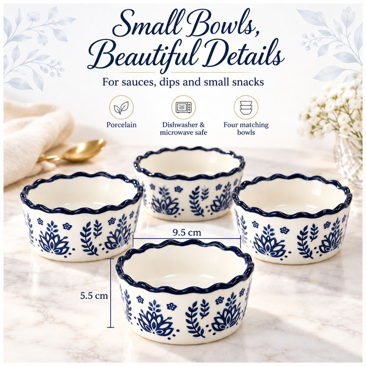 Elegant Navy Botanical Porcelain Sauce Bowls – Set of 4 Floral Bowls