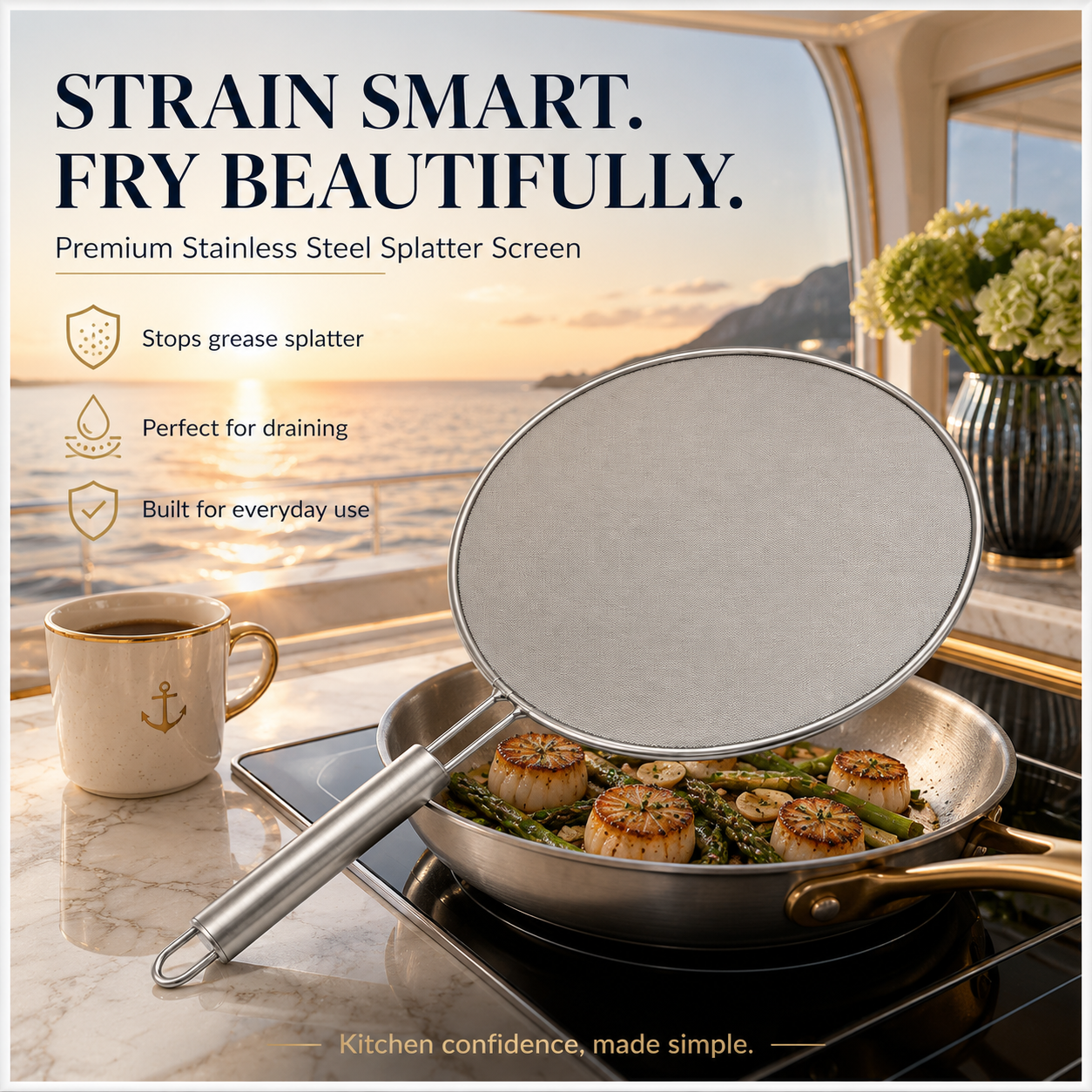 Stainless Steel Splatter Screen with Easy-Grip Handle – 33cm