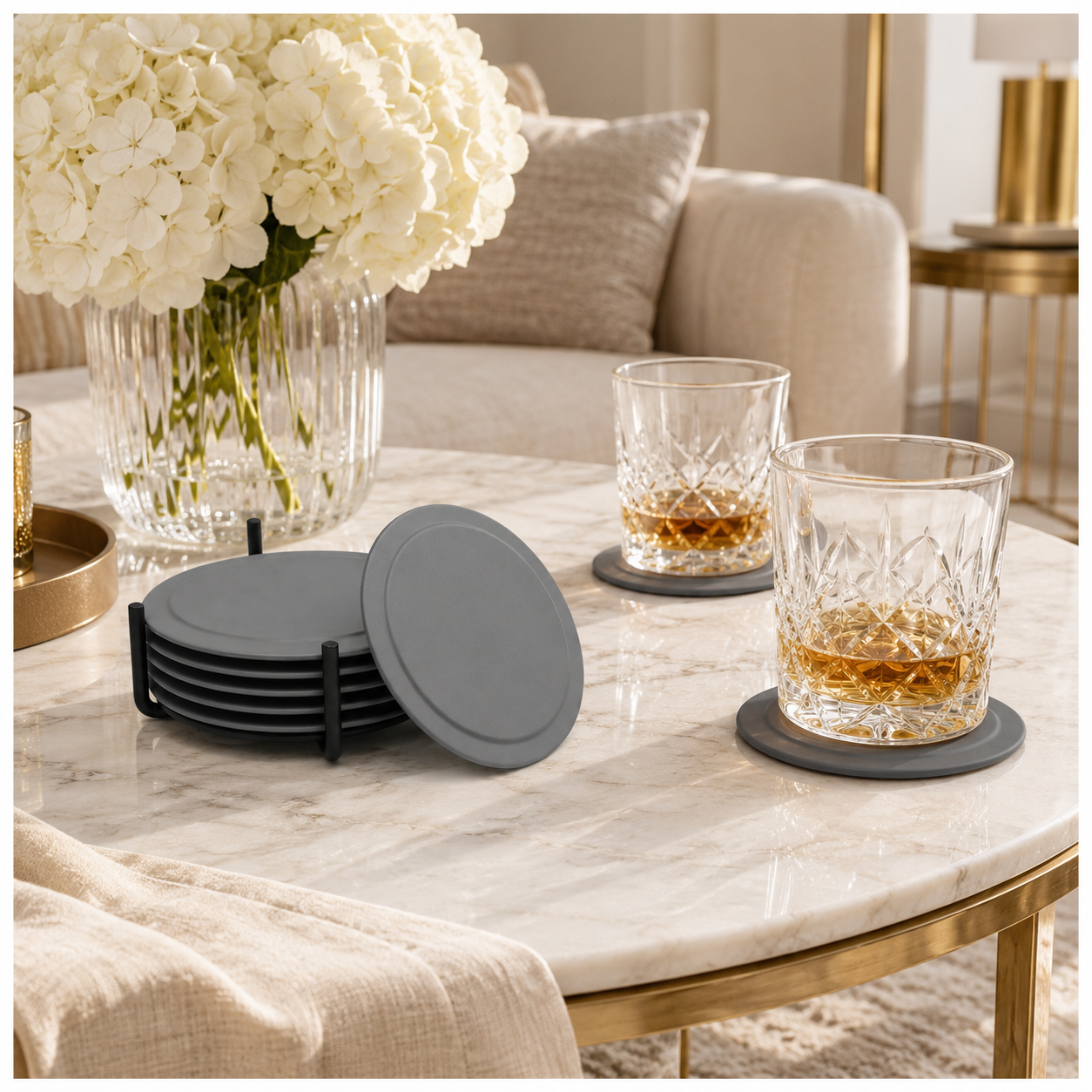 Grey Silicone Drink Coaster Set with Space - 6 Piece Set With Metal Holder