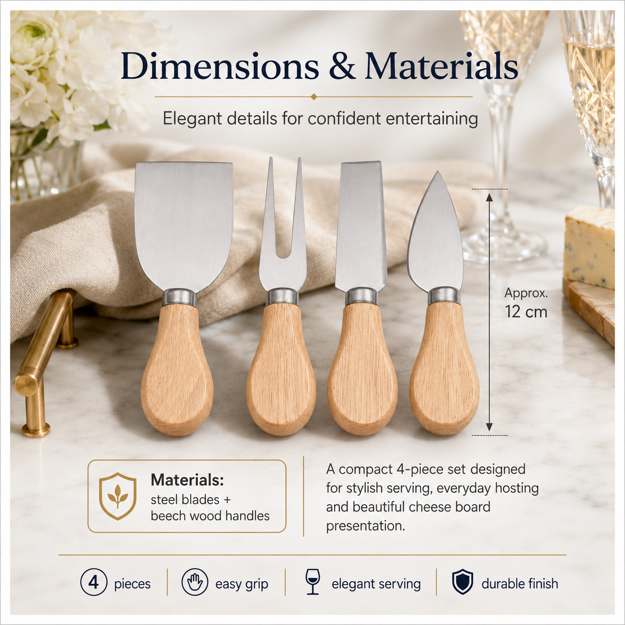 4-Piece Beech Wood Cheese Knife Serving Set - 12 cm