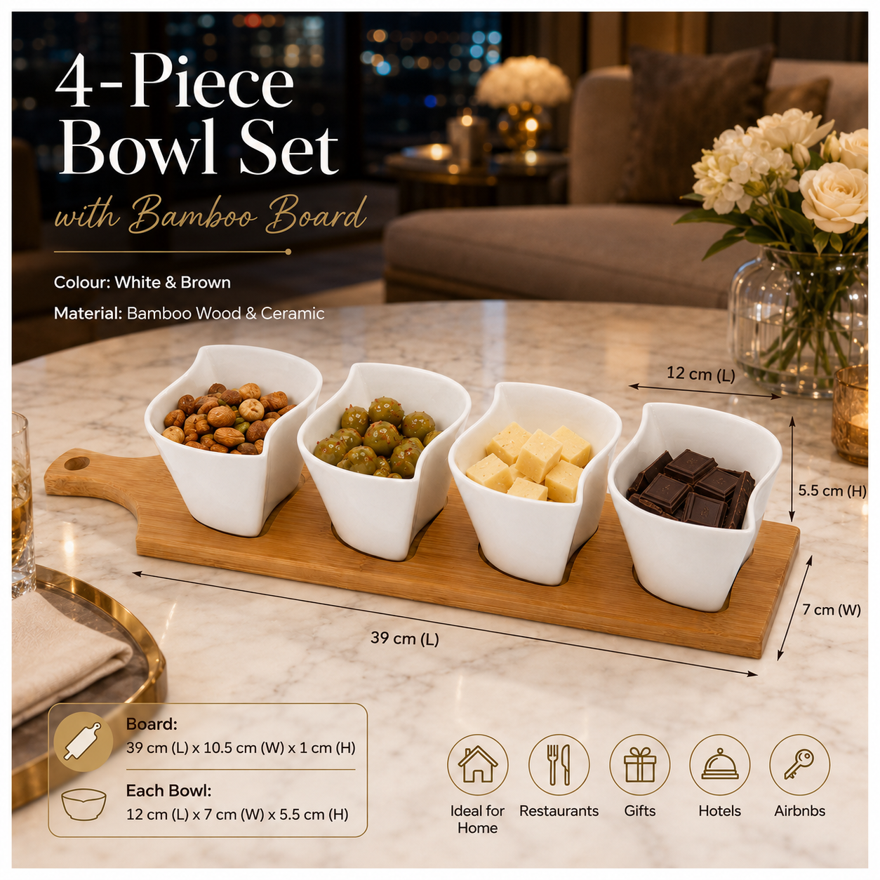 Elegant Ceramic Dipping Bowl Set with Bamboo Serving Paddle Board –