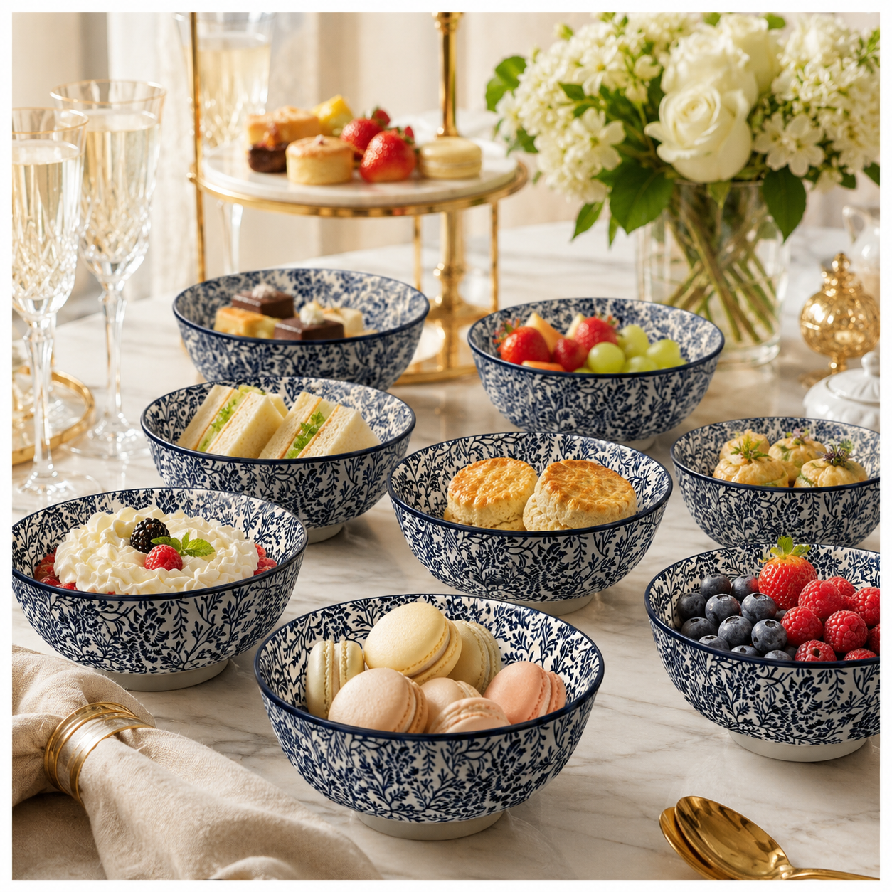 Elegant 8-Piece Blue Floral Porcelain Bowl Set – 13 cm