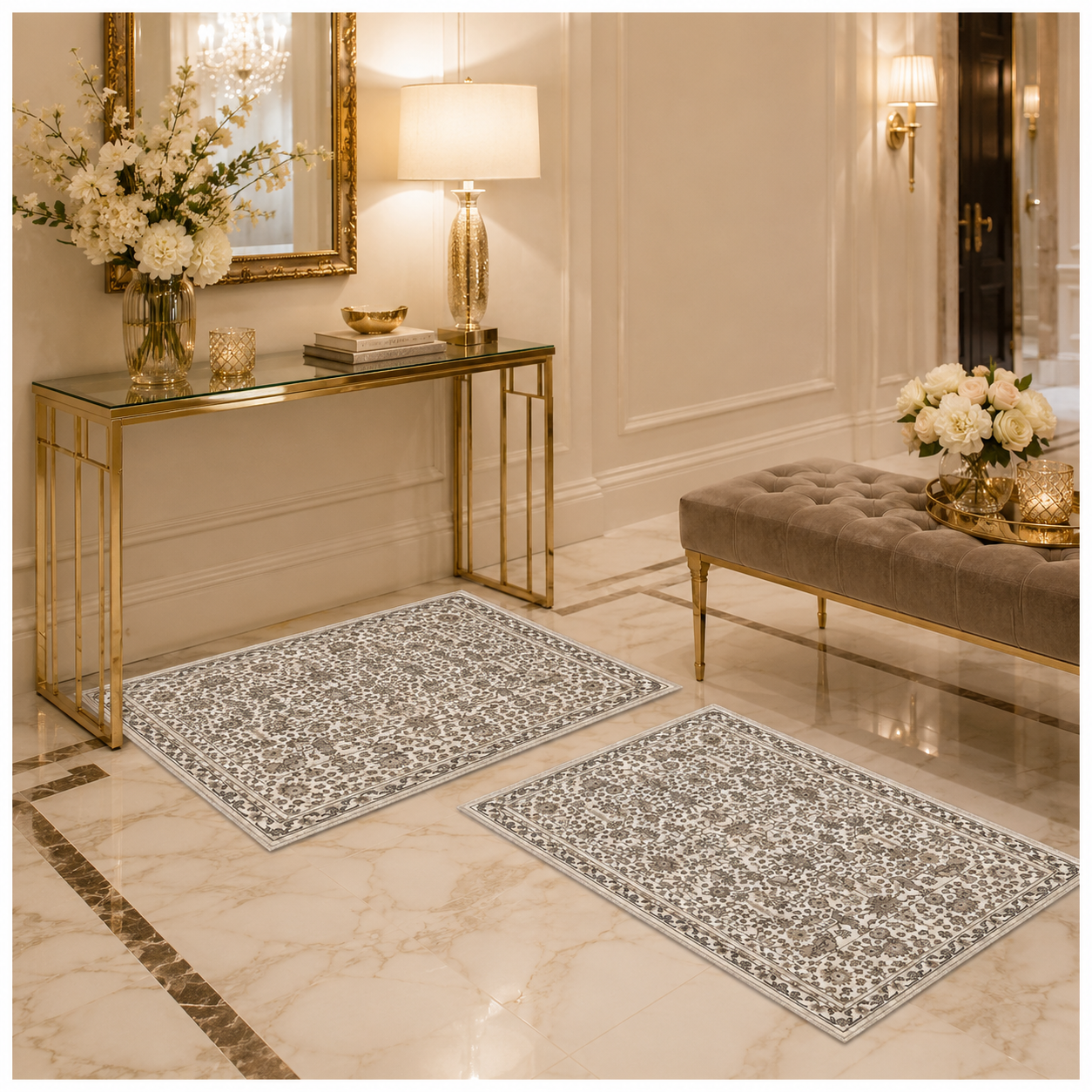 2-Piece Accent Persian Carpet Set–Charcoal Grey and Ivory-50x84cm-60x102 cm