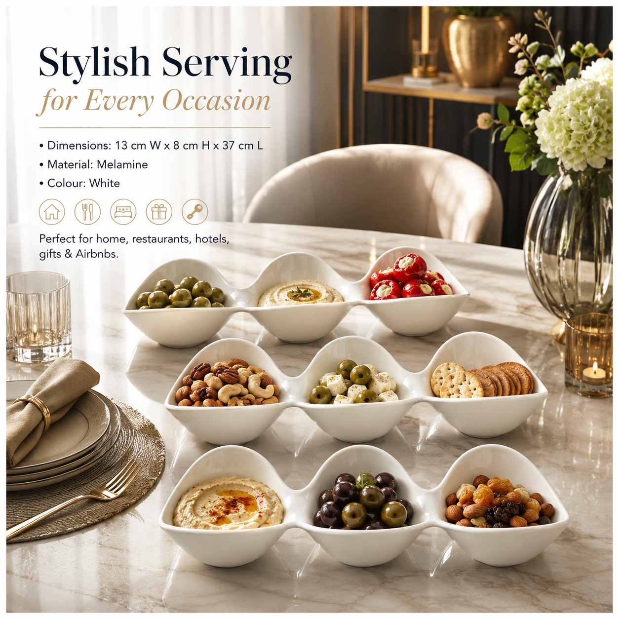 3-Piece White Melamine Triple Bowl Serving Set – 3 x 3-Compartment Bowls