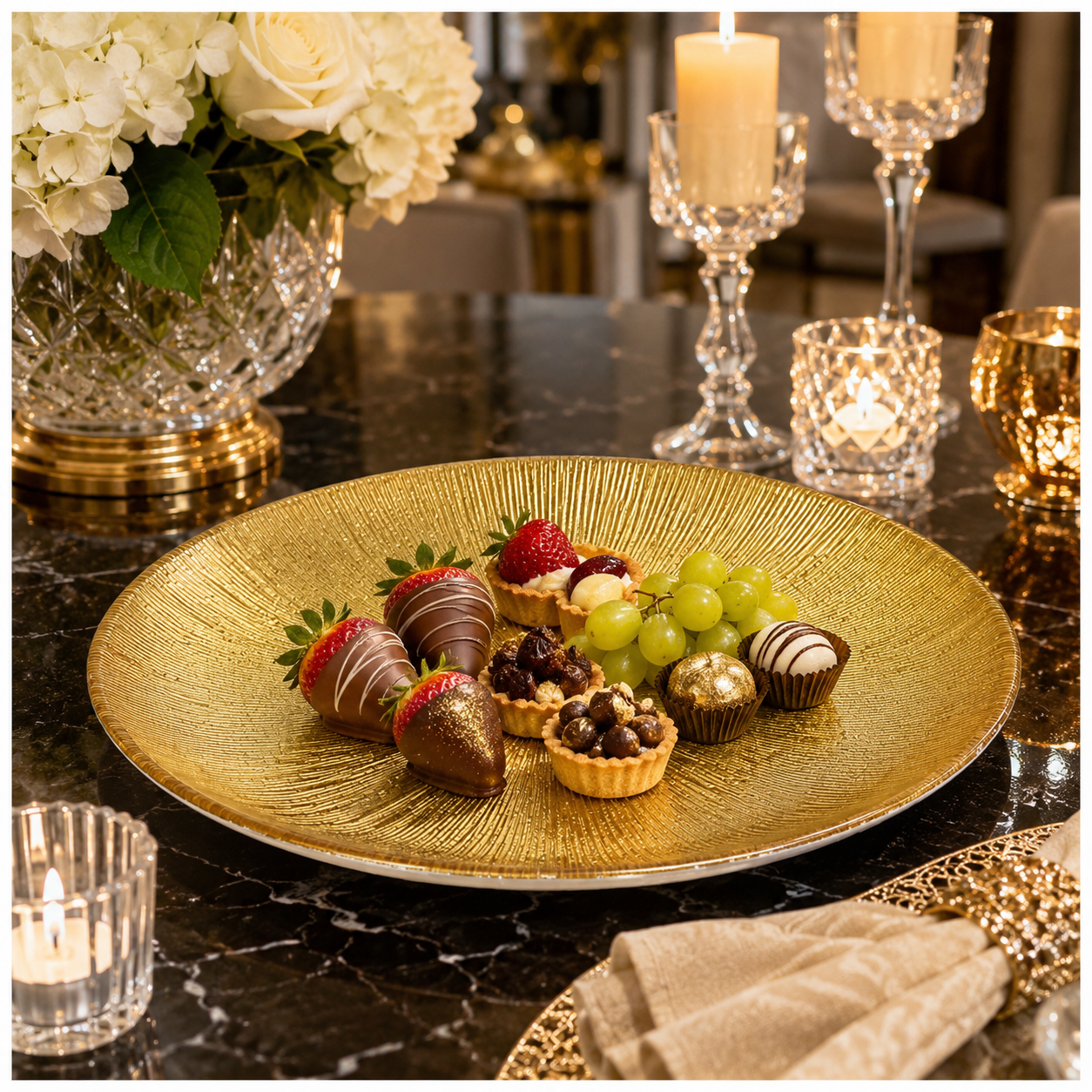 Elegant Gold Sunburst Glass Dessert and Appetizer Platter – 27cm