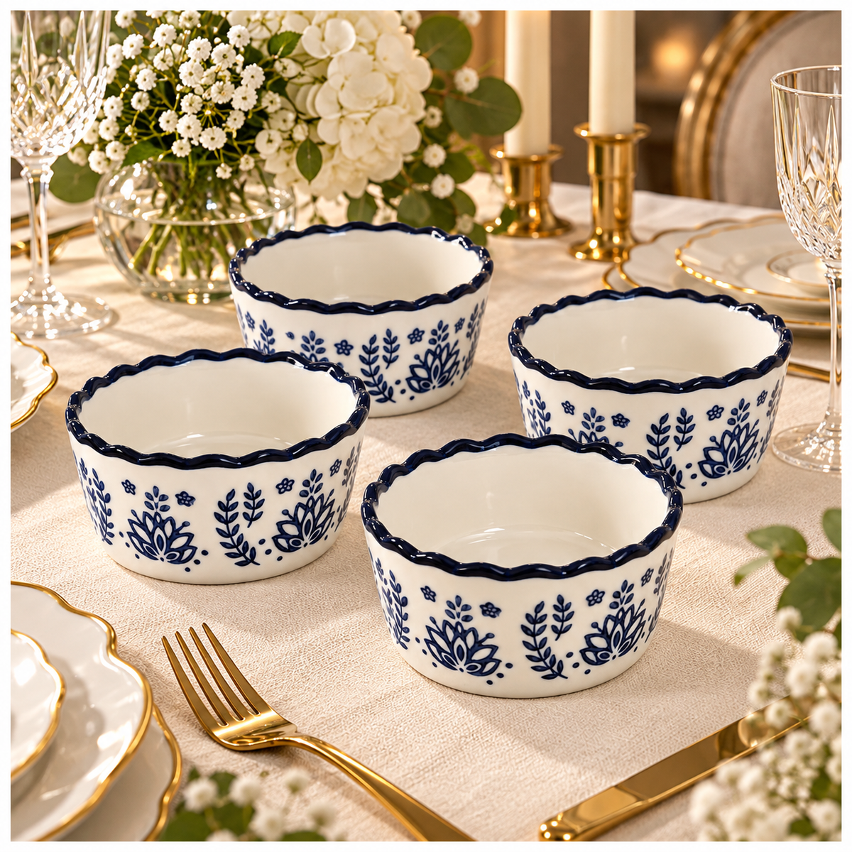 Elegant Navy Botanical Porcelain Sauce Bowls – Set of 4 Floral Bowls
