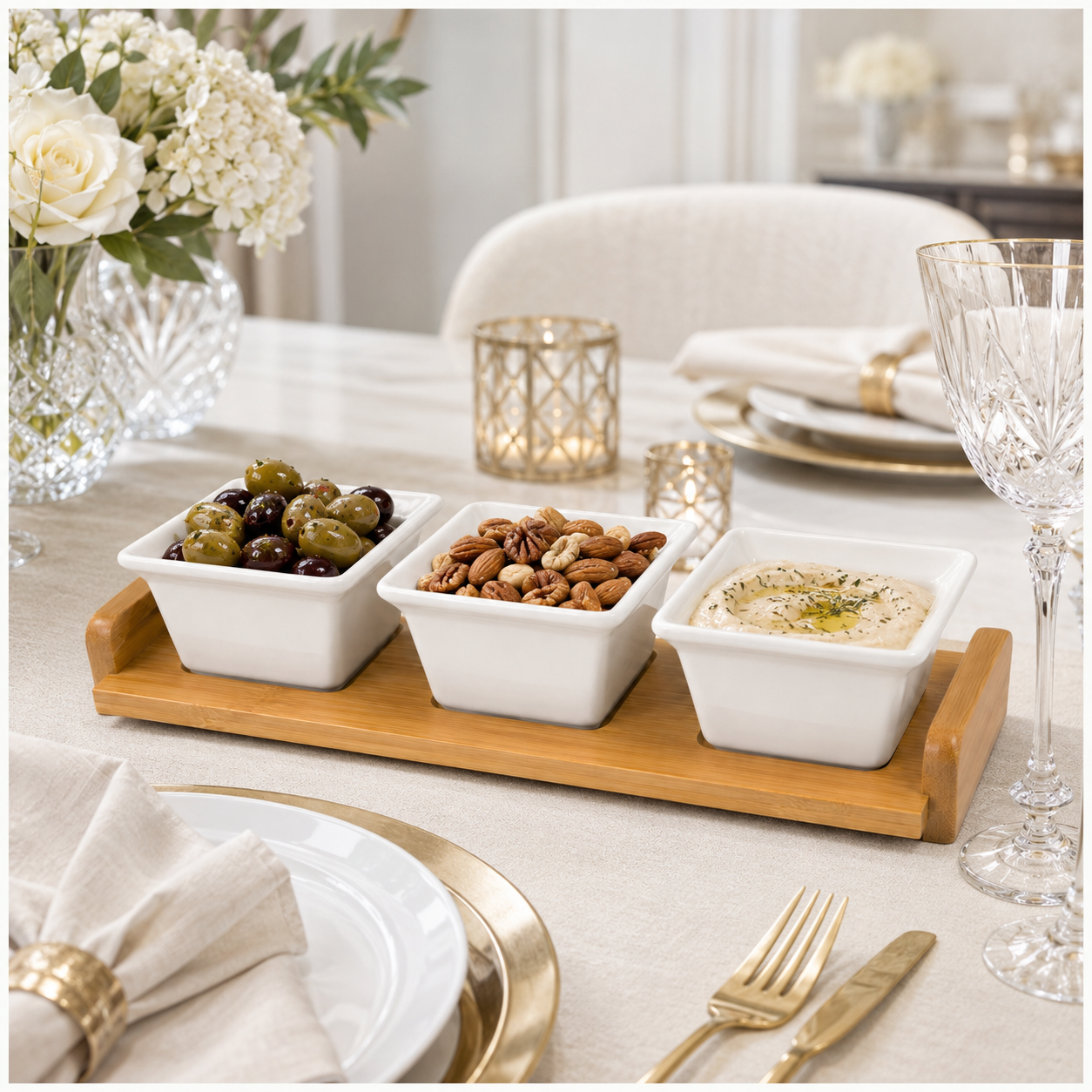 4 Piece Beauitiful Ceramic Snack Bowl Set with Wooden Serving Board- 34 cm