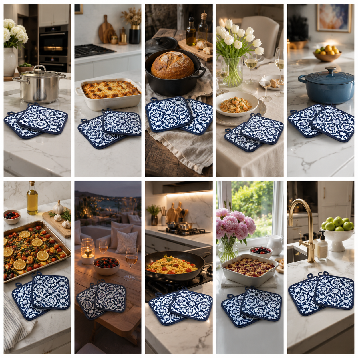 2-Piece Heat-Resistant Cotton Kitchen Potholder Set –Blue and White- 20 cm