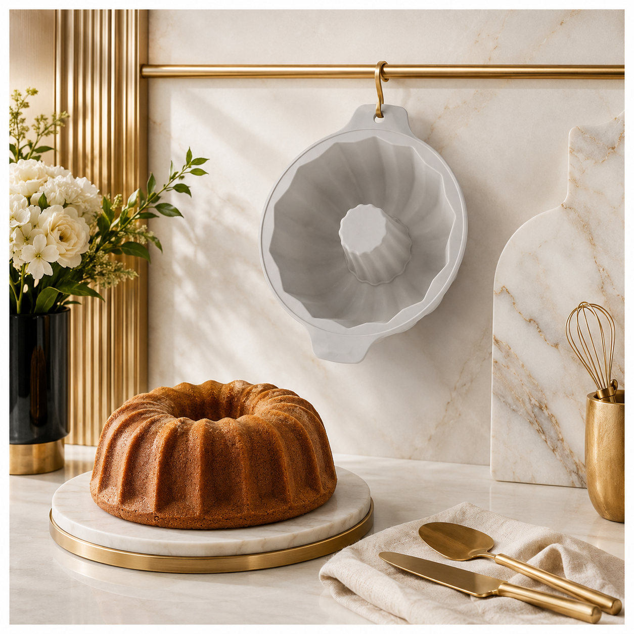 BPA Free Professional Silicone Cake Mould – Stone White Round Bundt Mould