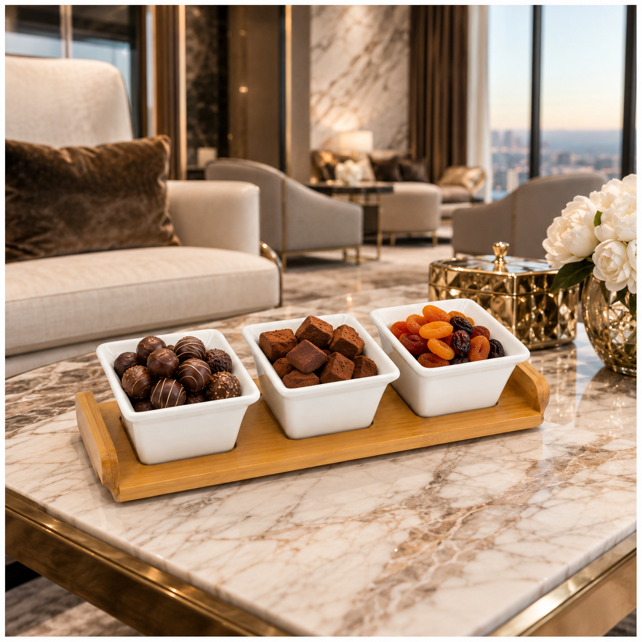 Elegant 4-Piece Ceramic Snack Serving Bowls with Bamboo Tray- 33 x 12 cm