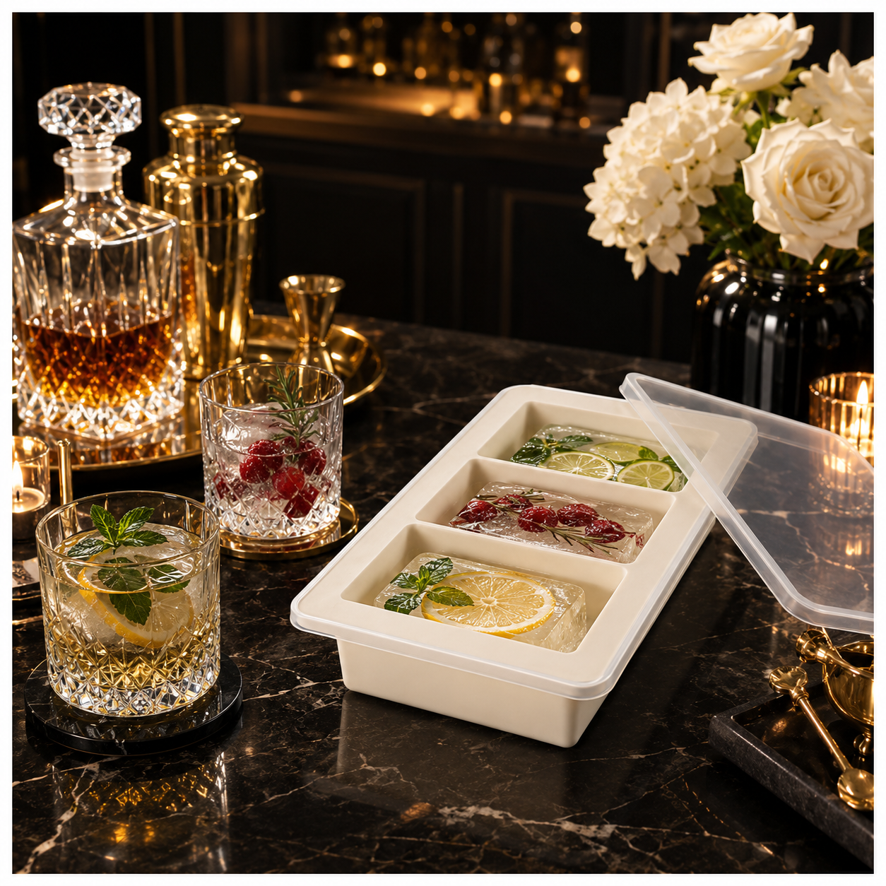 3-Cavity Silicone Ice Cube Tray with Sealing Lid – Cream - 24 cm