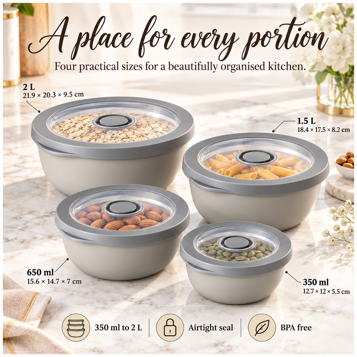 Airtight Round Food Storage Container Set of 4 – Grey, Clear Lids, BPA-Free