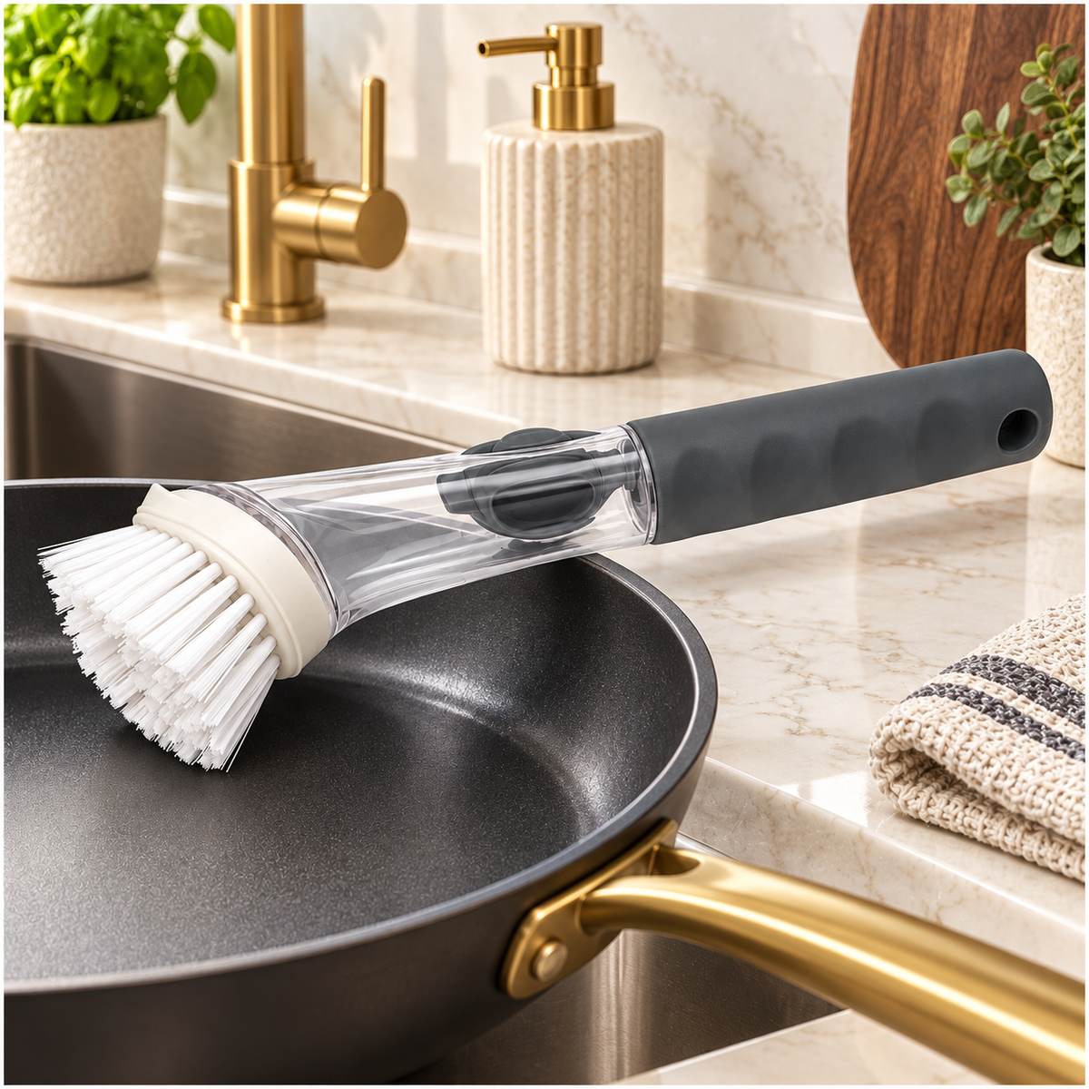 Essential Soap-Dispensing Dish Brush with Soft-Grip Handle – Grey