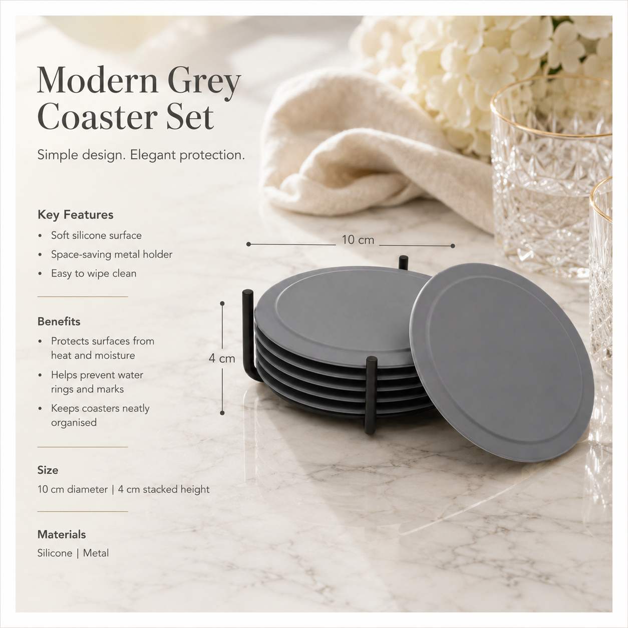 Grey Silicone Drink Coaster Set with Space - 6 Piece Set With Metal Holder
