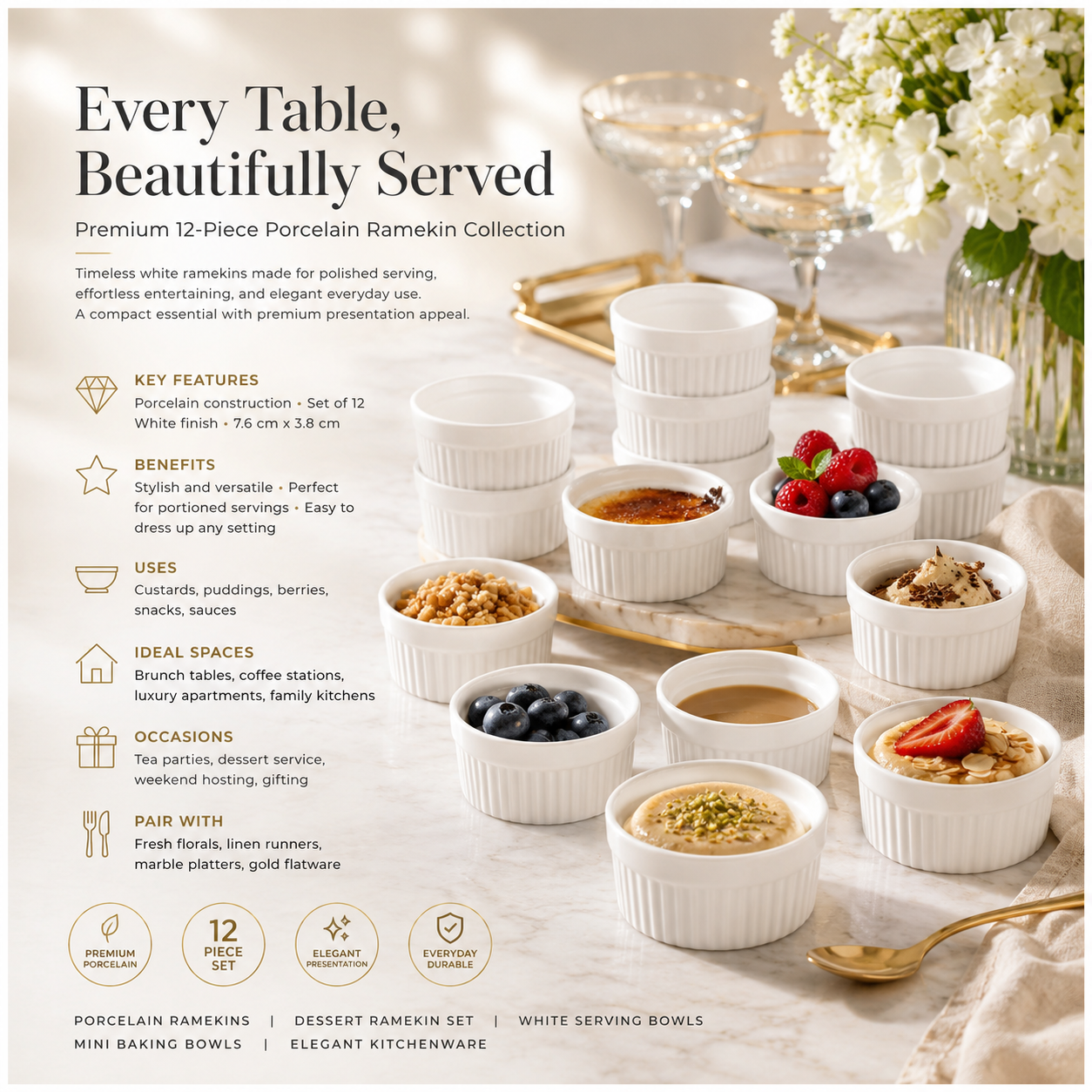 White Porcelain Ramekins Set of 12–Classic Ribbed Dessert and Baking Bowls