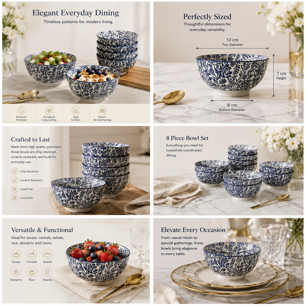 Elegant 8-Piece Blue Floral Porcelain Bowl Set – 13 cm