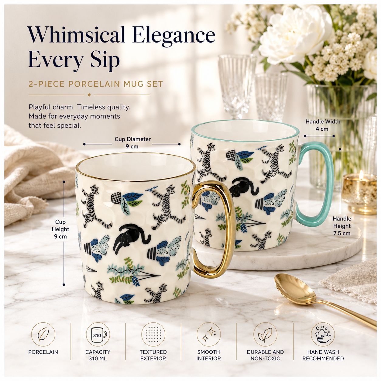 2-Piece Textured Porcelain Coffee Mug Set – 310ml Floral Cat Design