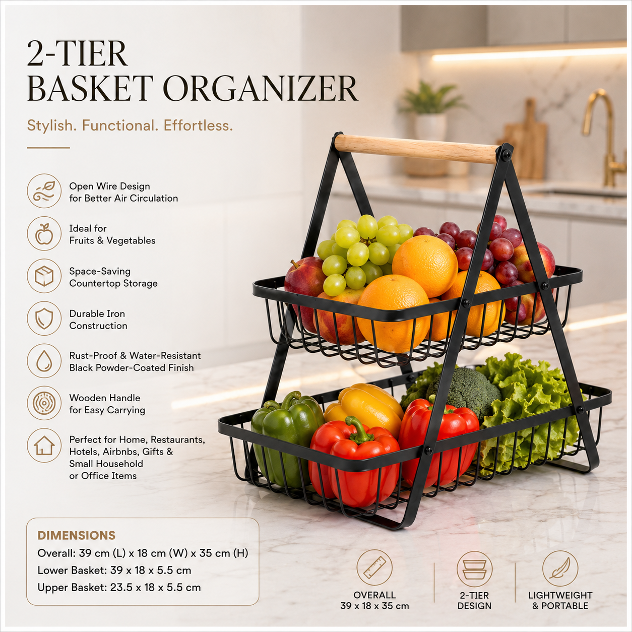 2 Tier Basket Organizer-Rack for Fruits, Vegetables and Everyday Essentials