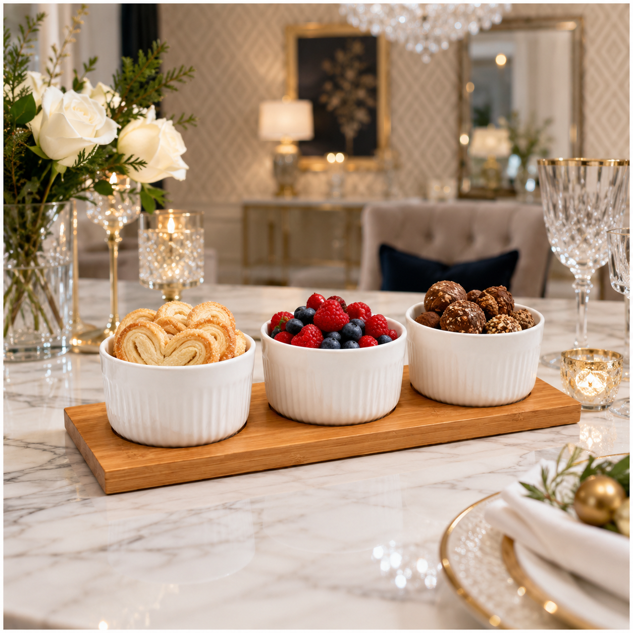 Elegant 4 Piece Bamboo Tray and Ceramic Pastry Bowls -Classic Serveware Set