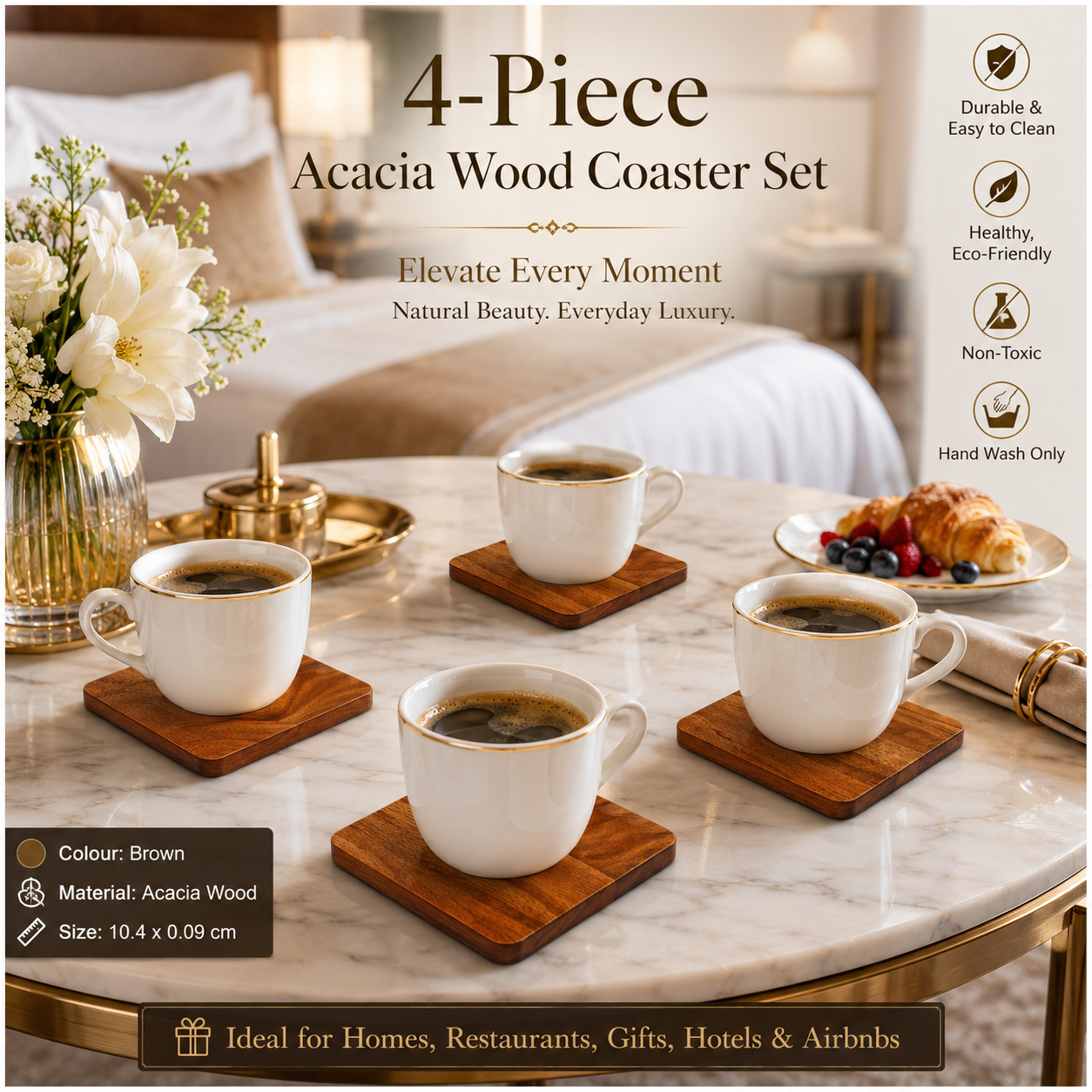 4-Piece Acacia Wood Coaster Set – Brown Wooden Drink Coasters- Eco Friend