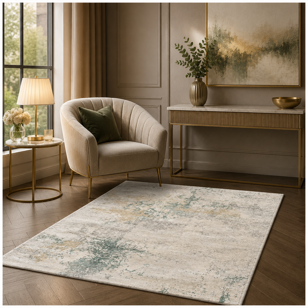 Modern Abstract Area Rug - 180cm x 120cm – Green, Cream Soft Accent Rug