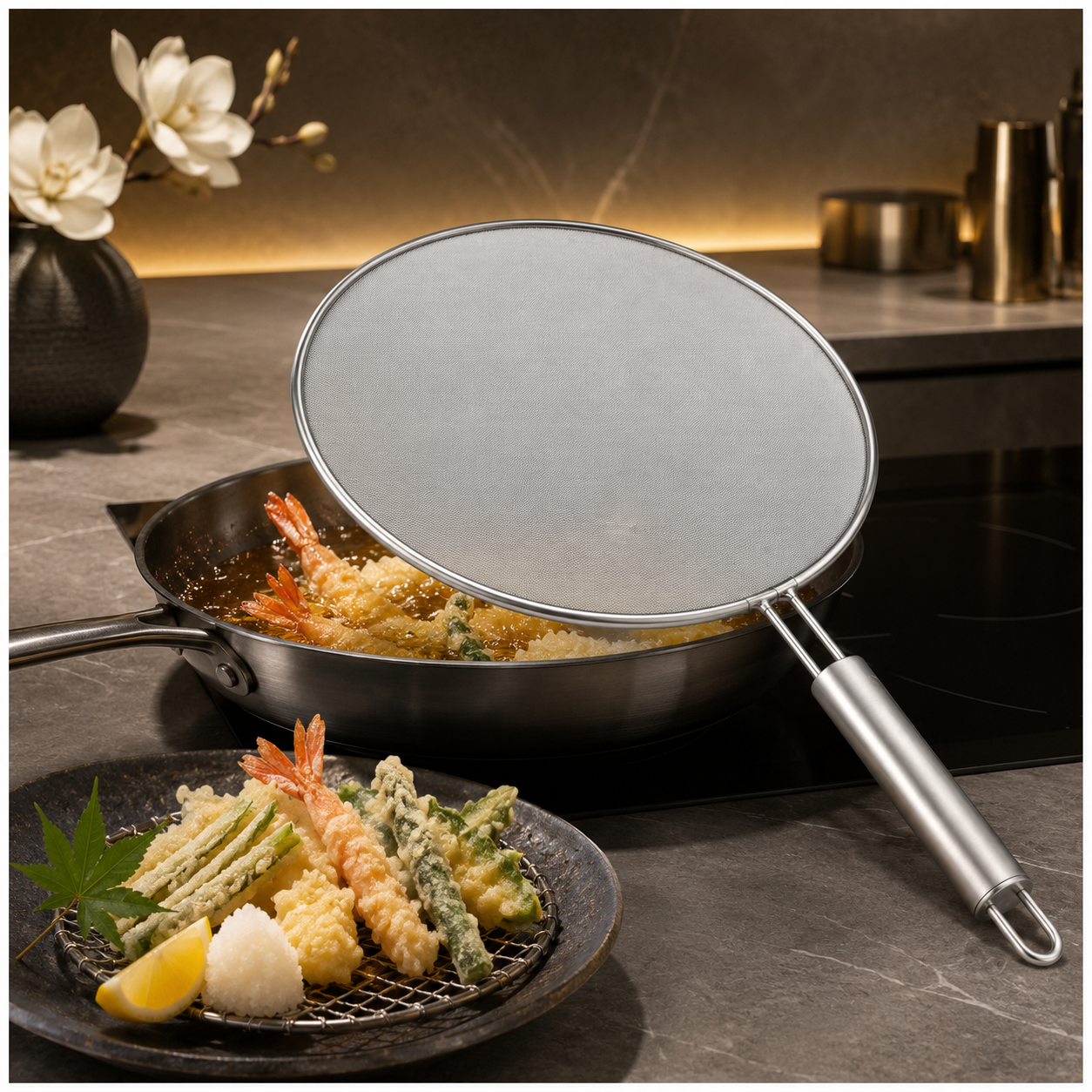 Stainless Steel Splatter Screen with Easy-Grip Handle – 33cm