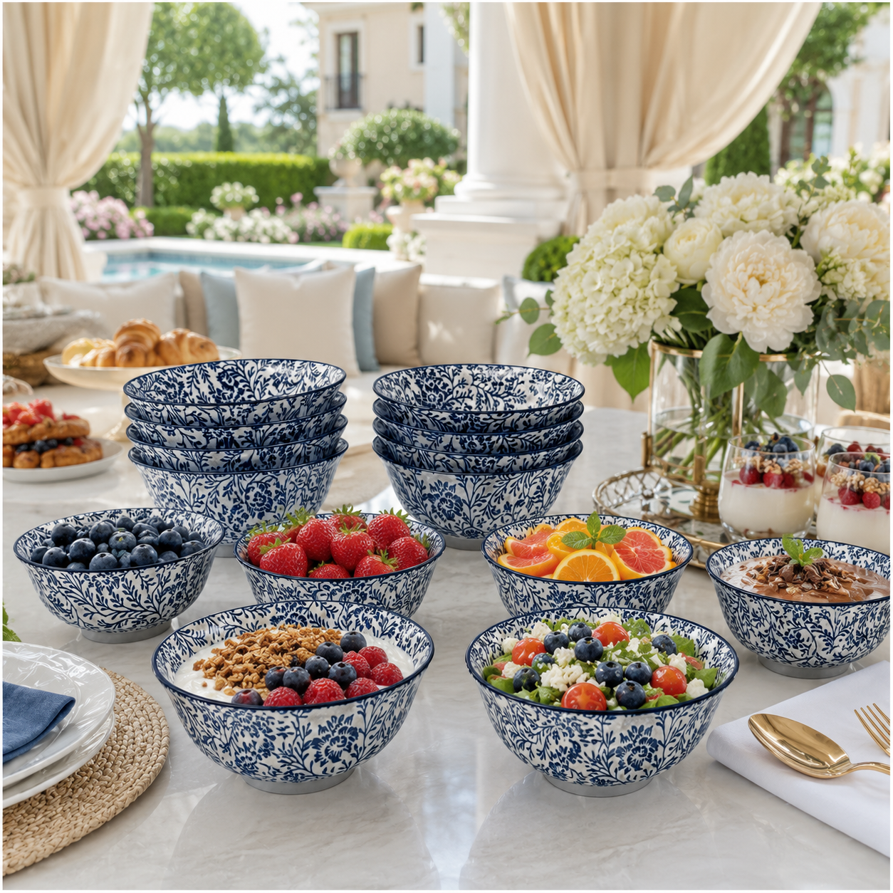 Elegant 10-Piece Blue White Porcelain Bowl Set - Beautiful Floral Serveware
