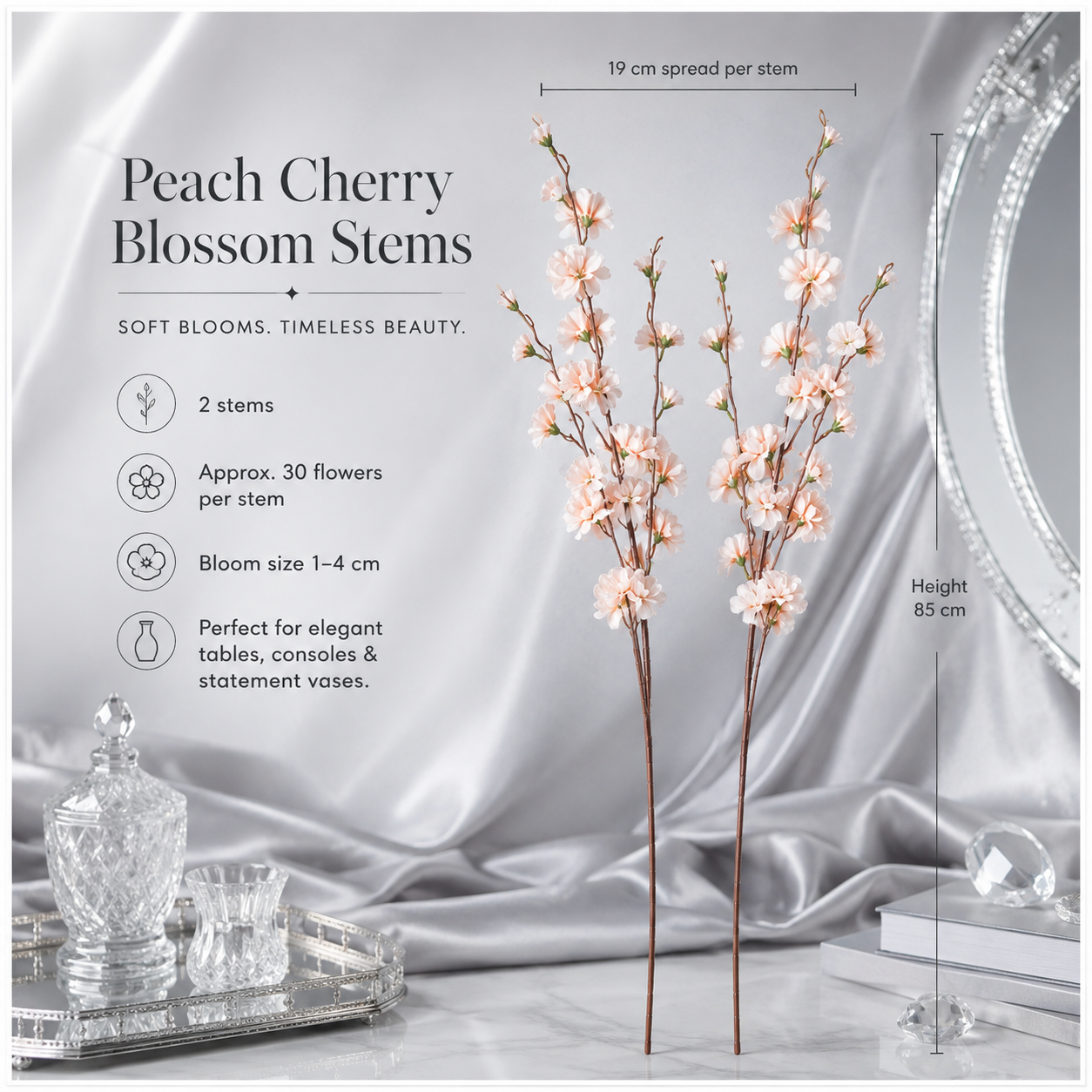Elegant Faux 2 Cherry Blossom Stems - 85cm- White or Peach Floral Decor