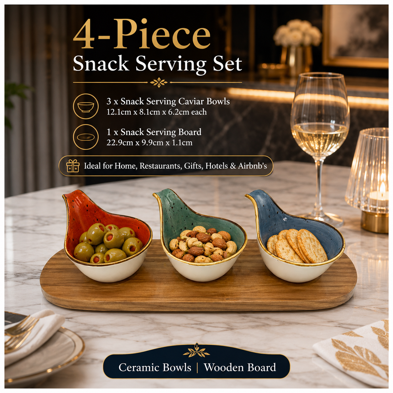 Beautiful 4-Piece Ceramic Snack Serving Bowl Set with Acacia Wood Board