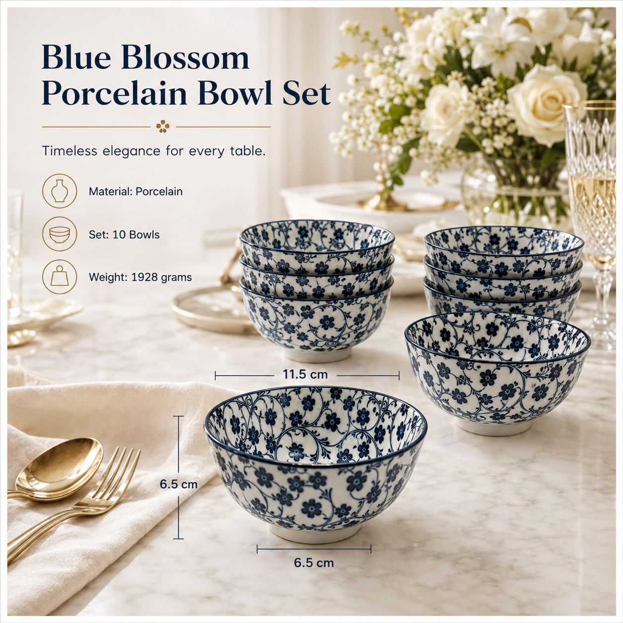 Elegant 10-Piece Blue and White Porcelain Starter Bowl Set