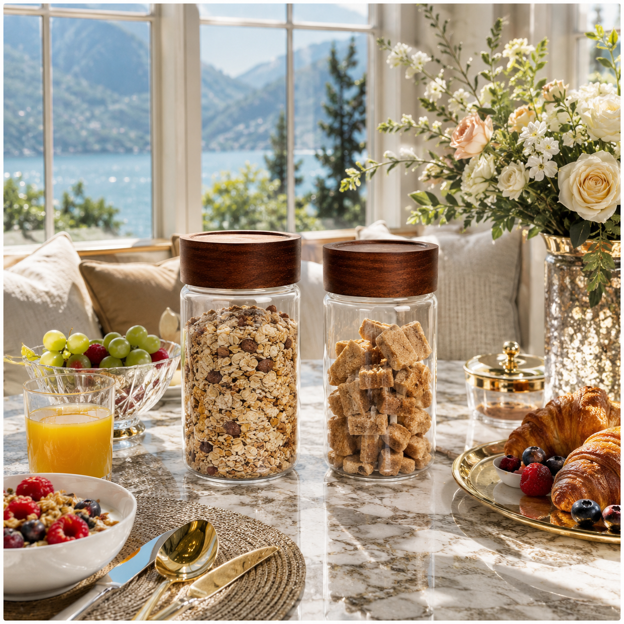 Set of 2 Borosilicate Sealed Glass Jars with Acacia Wood Lids – 580ml Each