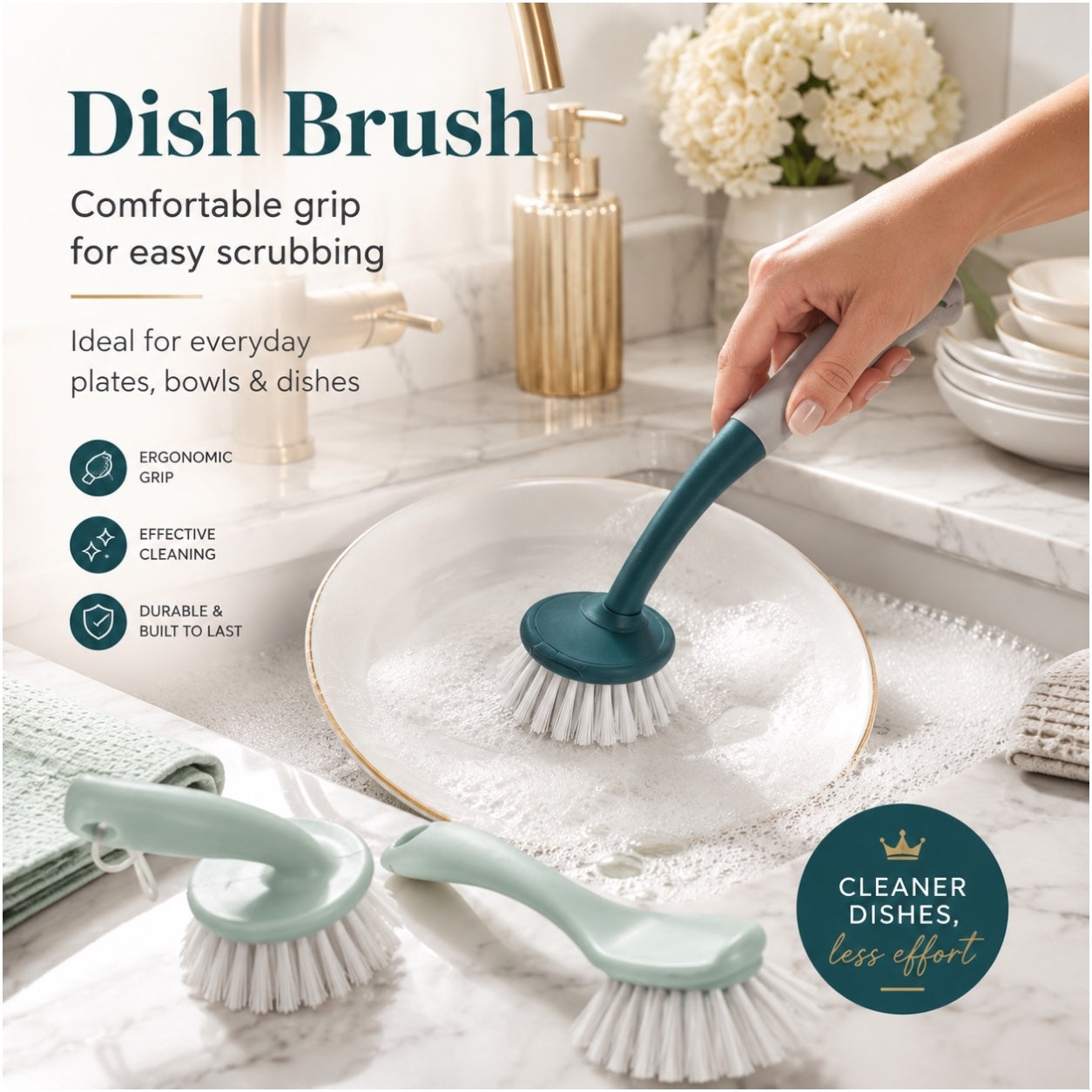 Essential 3 Piece Dish Brush Set with Palm Brush and Glass Cleaning Brush