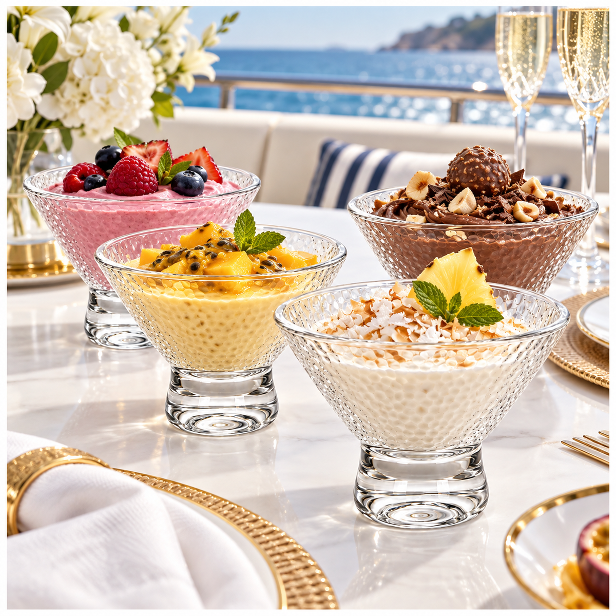 Elegant Glass Footed Dessert Bowls 180ml – Clear Textured Set of 4