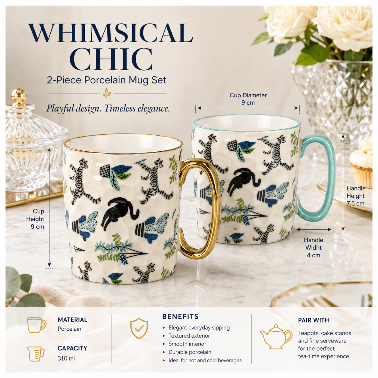 2-Piece Textured Porcelain Coffee Mug Set – 310ml Floral Cat Design