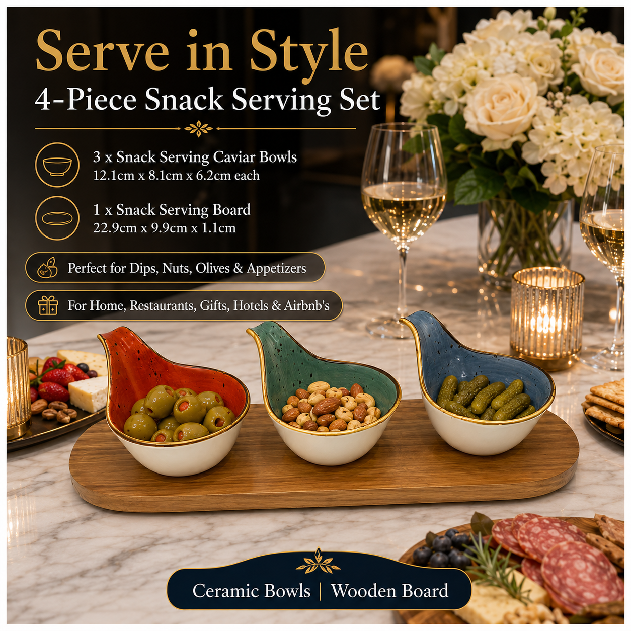 Beautiful 4-Piece Ceramic Snack Serving Bowl Set with Acacia Wood Board