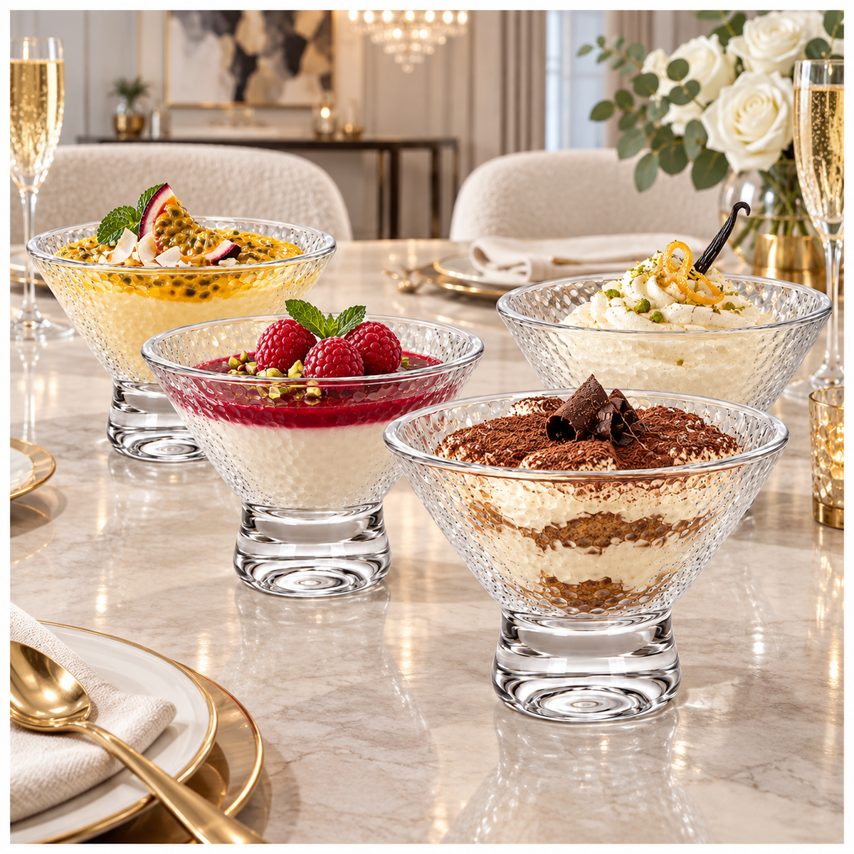 Elegant Glass Footed Dessert Bowls 180ml – Clear Textured Set of 4