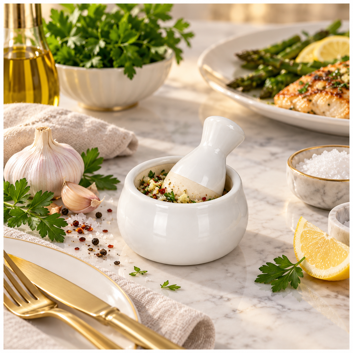 Mini Ceramic Mortar and Pestle Set - White Cream - Herb and Spice Grinder