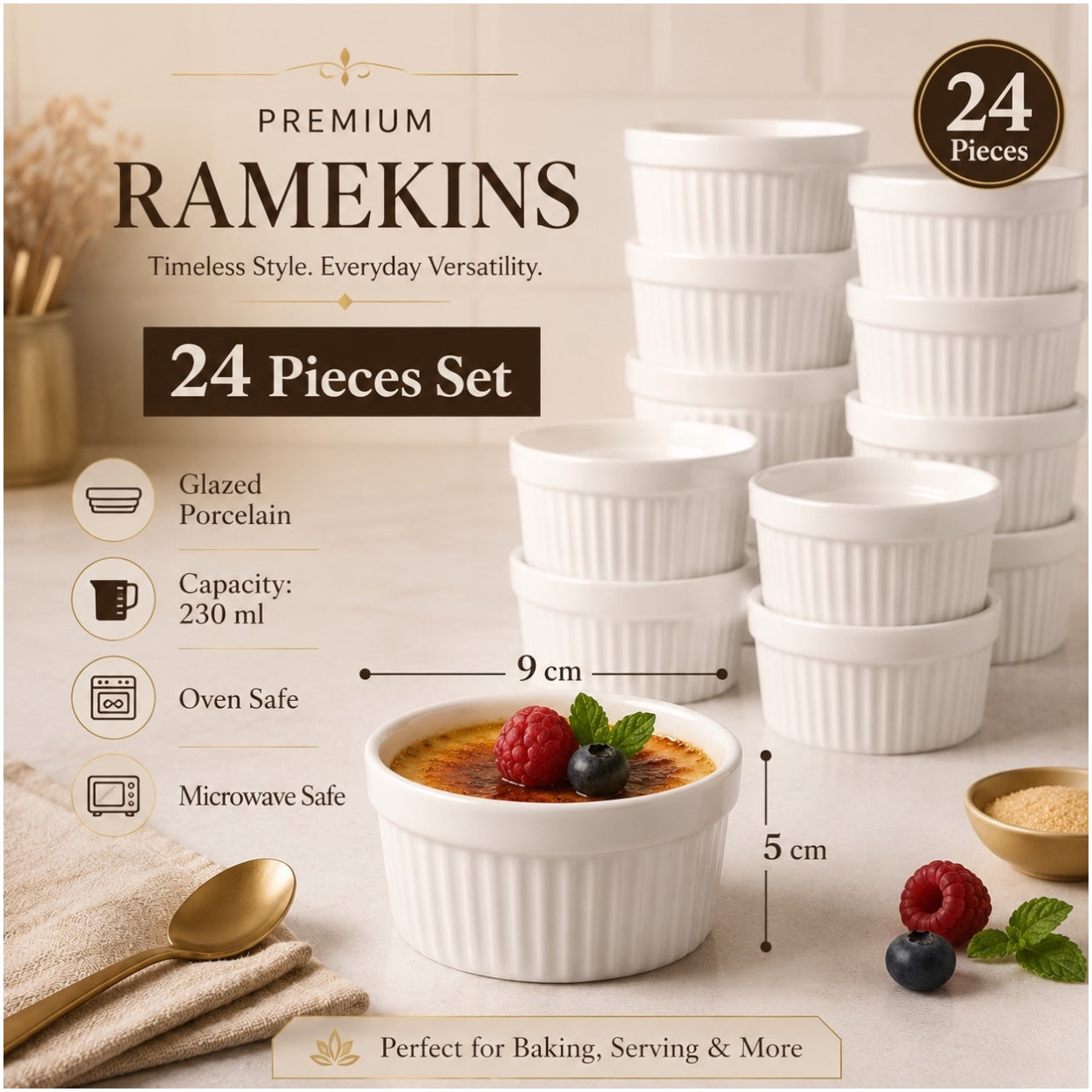 24-Piece White Porcelain Dessert Bowl Set – 9cm x 5cm - Perfect for baking