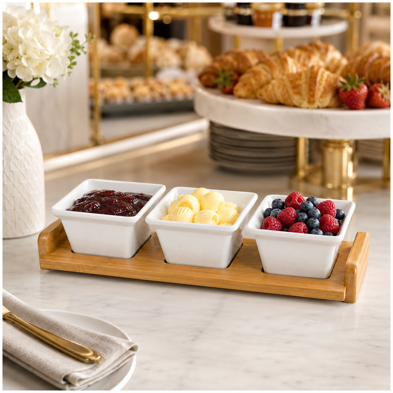 4 Piece Beauitiful Ceramic Snack Bowl Set with Wooden Serving Board- 34 cm