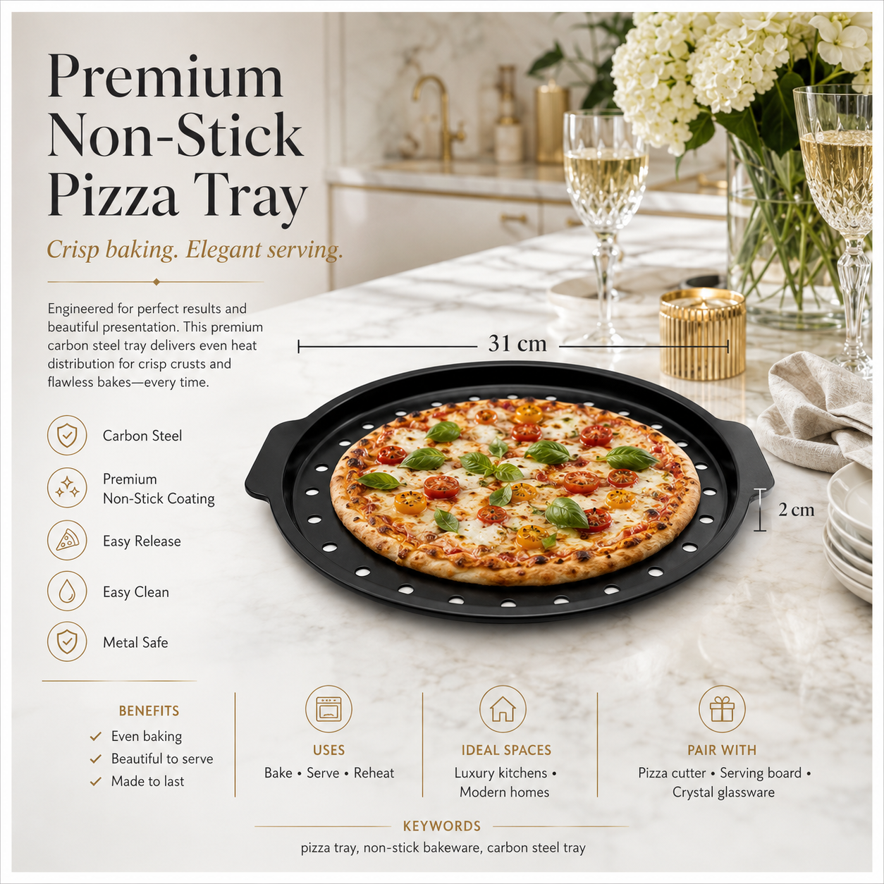 Crisp-Crust Non-Stick Pizza Tray –Carbon Steel Oven-to-Table Bakeware -31cm