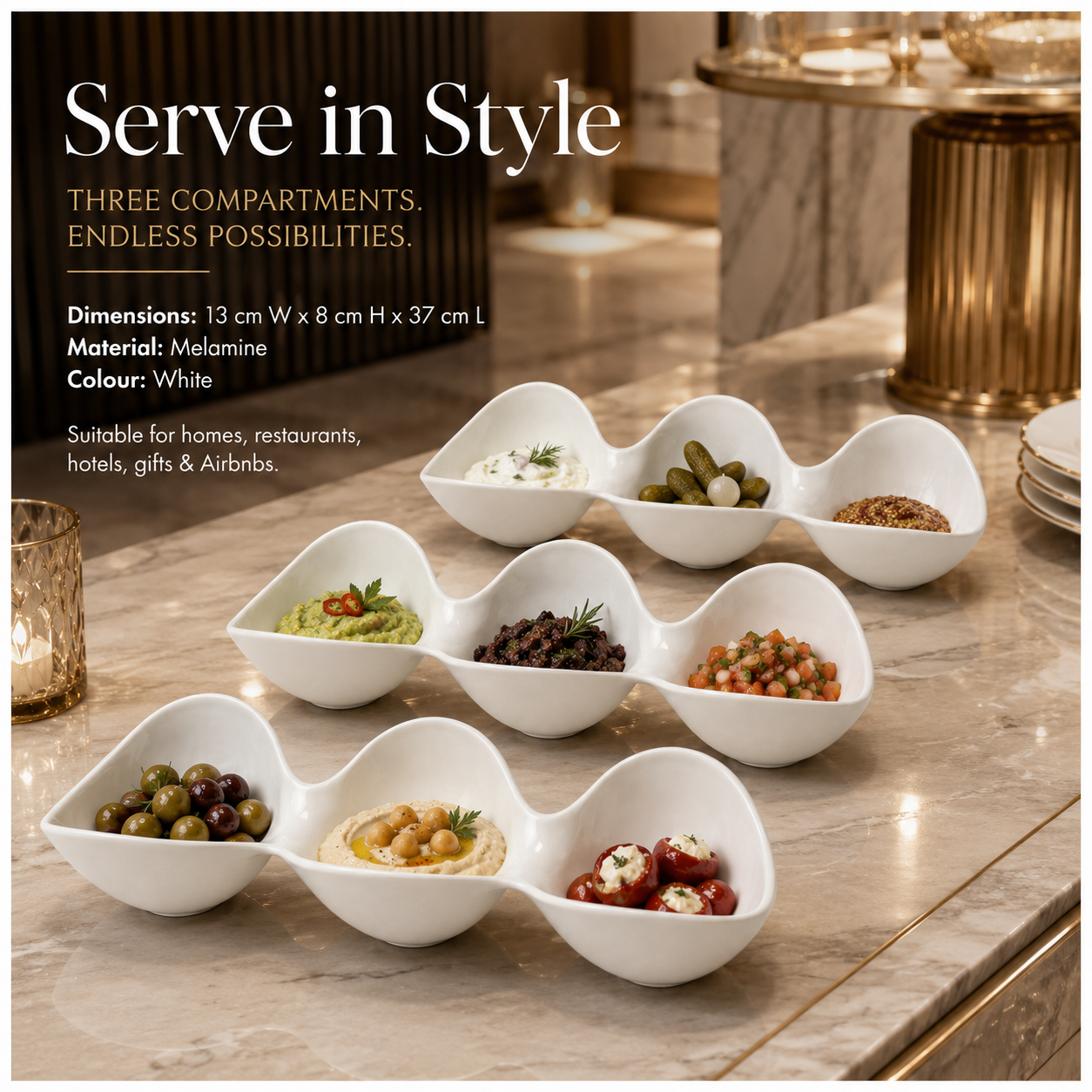 3-Piece White Melamine Triple Bowl Serving Set – 3 x 3-Compartment Bowls